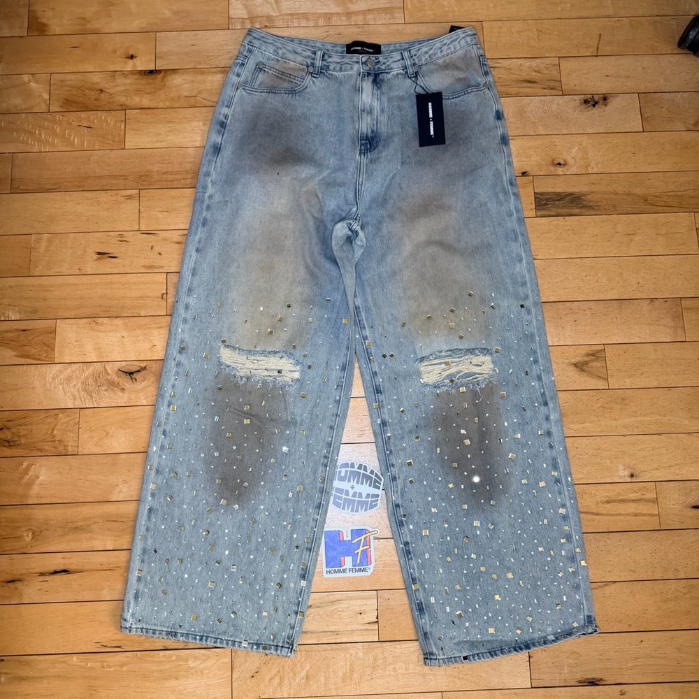 Homme Femme Crushed Ice Denim Blue Jeans Men’s 36